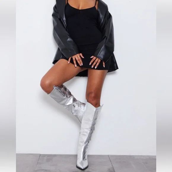 Silver Metallic Western Pointed Wedge Heeled Knee Boots - Picture 2 of 7